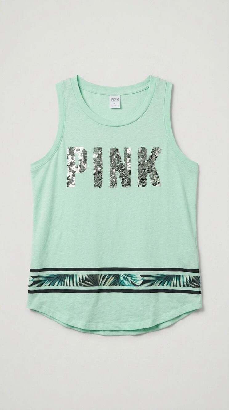 PINK Victoria's Secret Mint Green Tropical Bling Tank Top Small